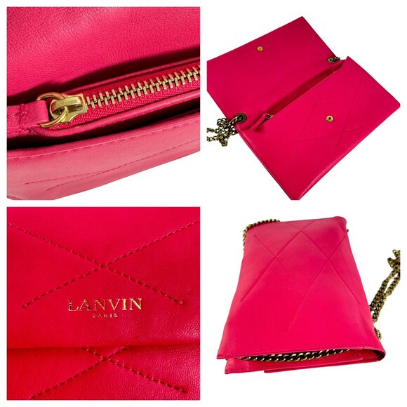 LANVIN Fuchsia Leather Sugar Lambskin Mini Crossbody Wallet Bag Made in Spain - Picture 7 of 14